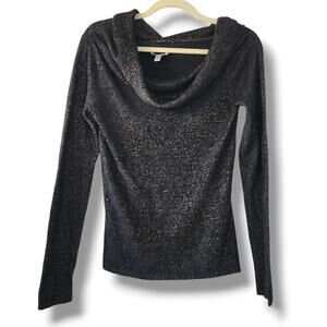 Cache Cowl Neck Sweater Women's M Black Gold Metallic Shimmer Fuzzy VTG Goth
